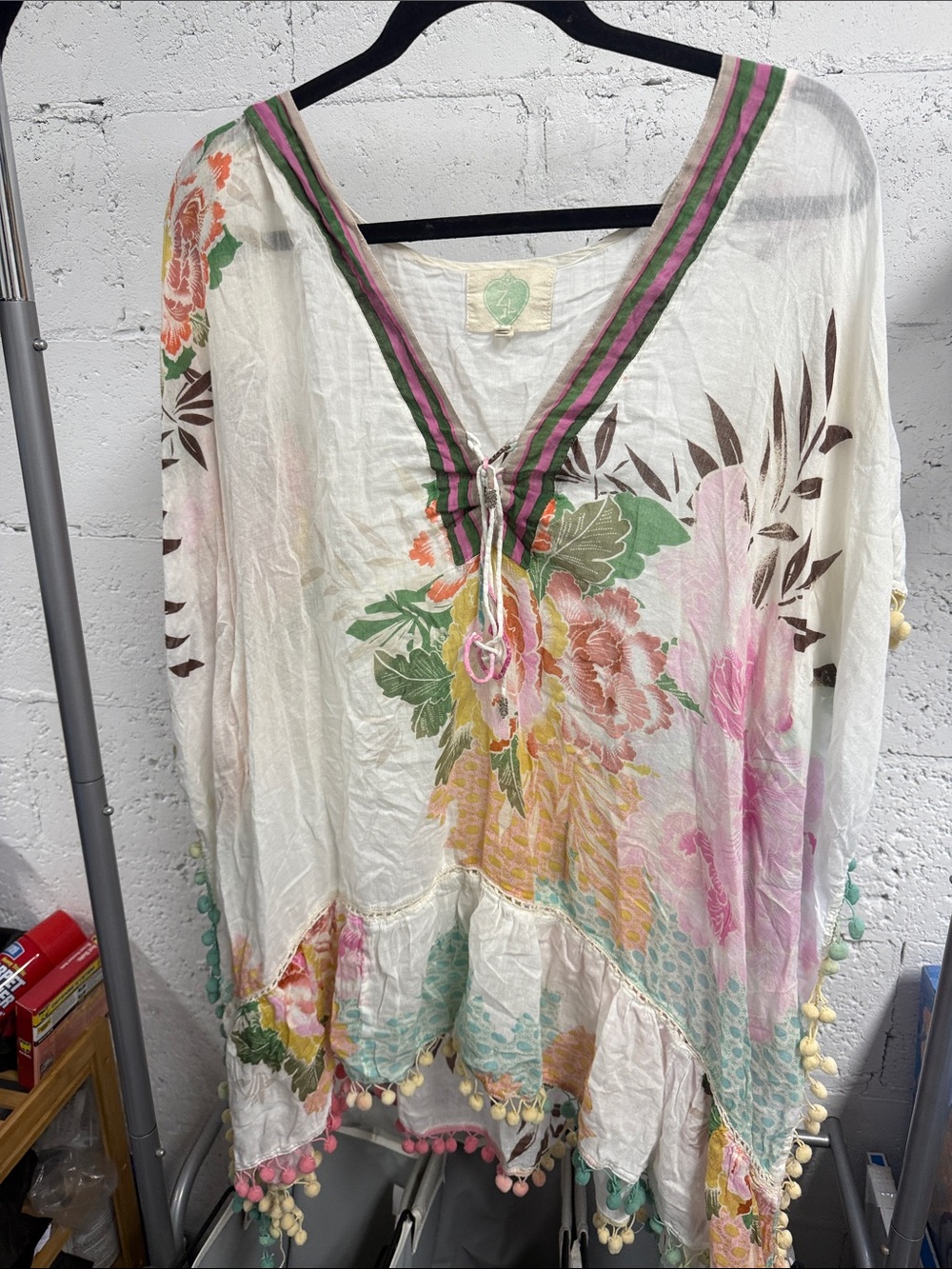 Boho Floral Tassle Swim Cover Up Cream with Pink & Green - LIKE NEW - Small